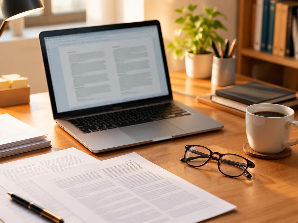 Illustrative photo of a translator's desk with a laptop and documents